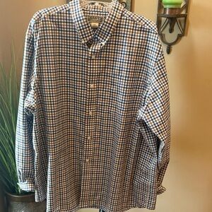 Duluth Trading Co Men's Blue and Dark Tan Plaid Shirt